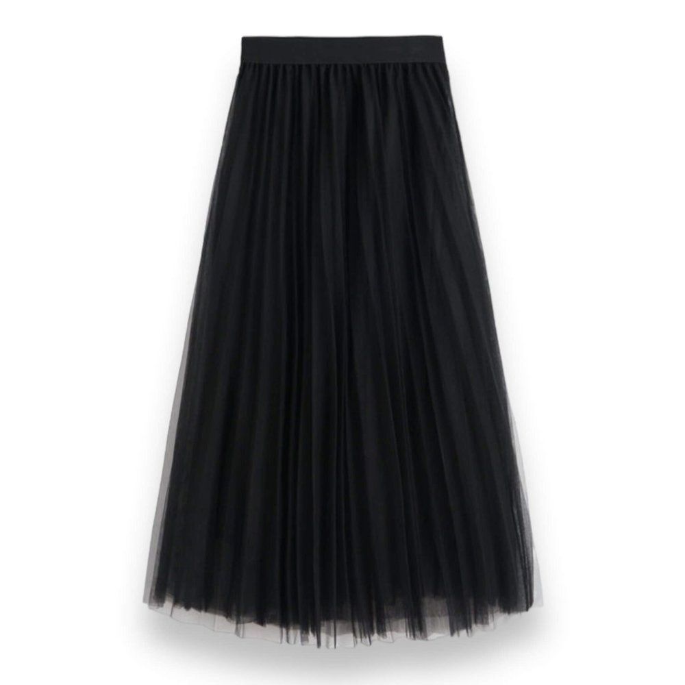 Black Multi Layer Mesh Pleated Long A-line Midi Skirt -NEW - Picture 2 of 2